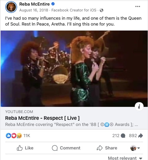 Reba McEntire posted this tribute to Aretha Franklin after she died in 2018