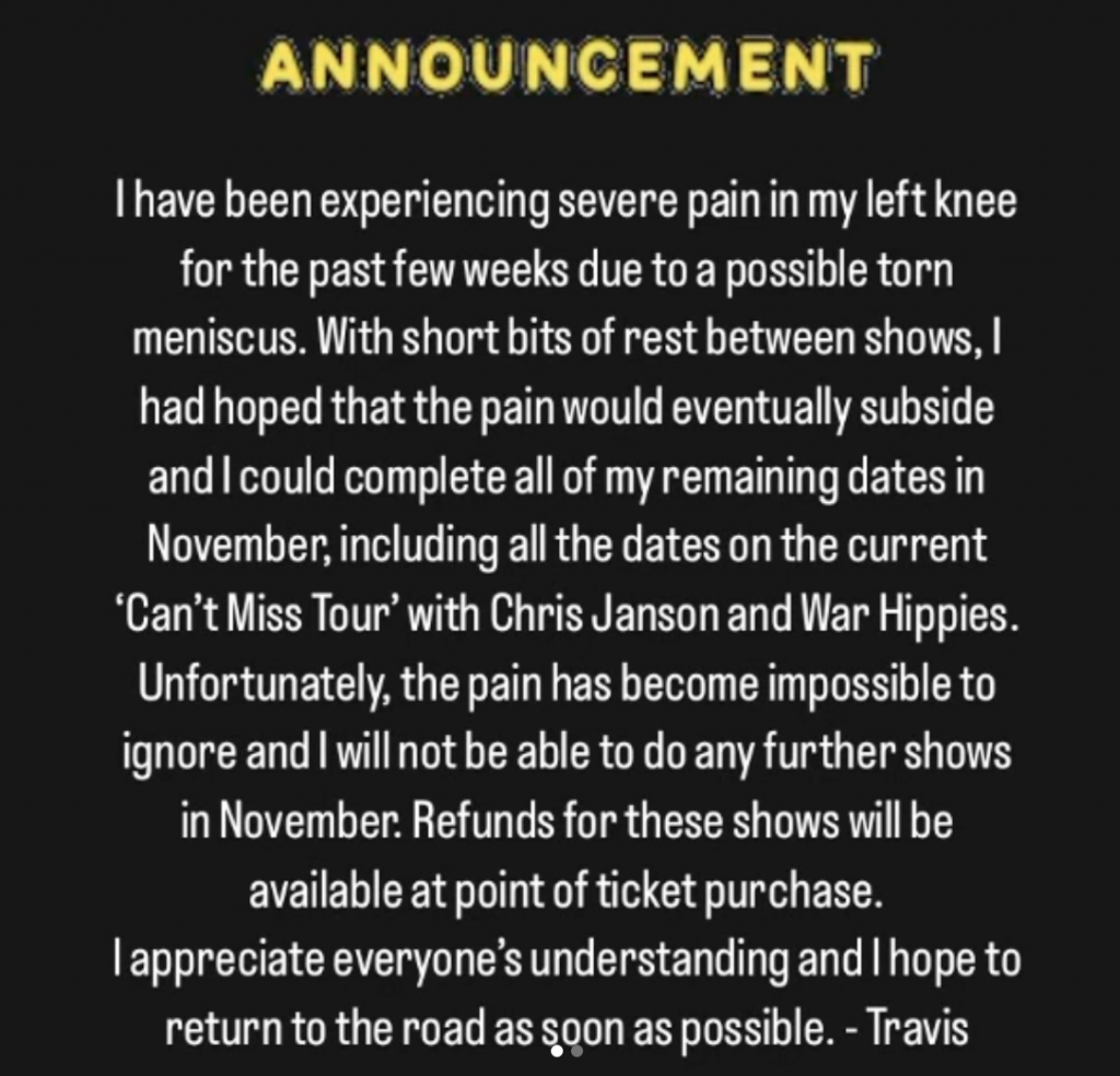 Travis Tritt cancels November concerts due to an injury