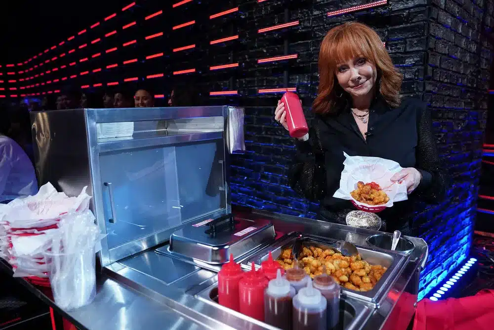 Reba McEntire with her tater tot cart on The Voice