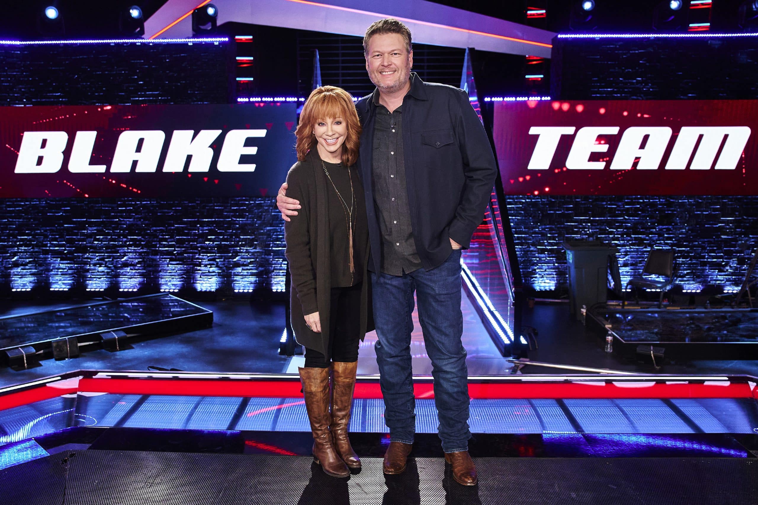 Reba McEntire and Blake Shelton on set of "The Voice"