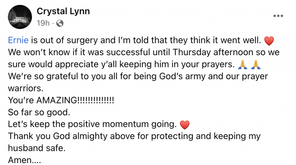 Ernie Lynn's wife shares an update on his life-saving surgery.