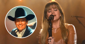 Circle inlay shows a photo of George Strait, background is a picture of Kelly Clarkson singing George's "Carrying Your Love with Me"