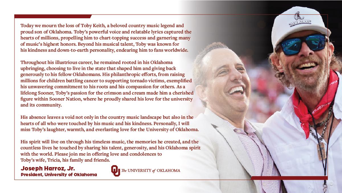 OU president honors Toby Keith after his passing