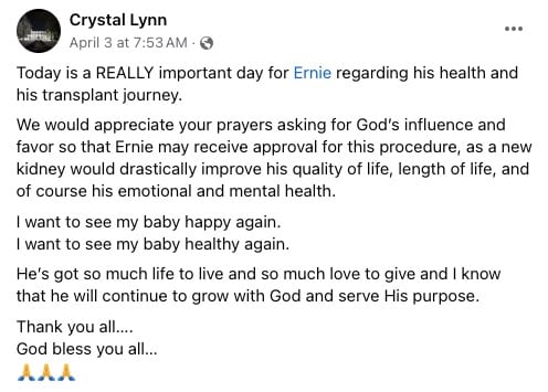 Loretta Lynn's son, Ernie, is hoping to receive a new kidney, as his wife details in this Facebook post
