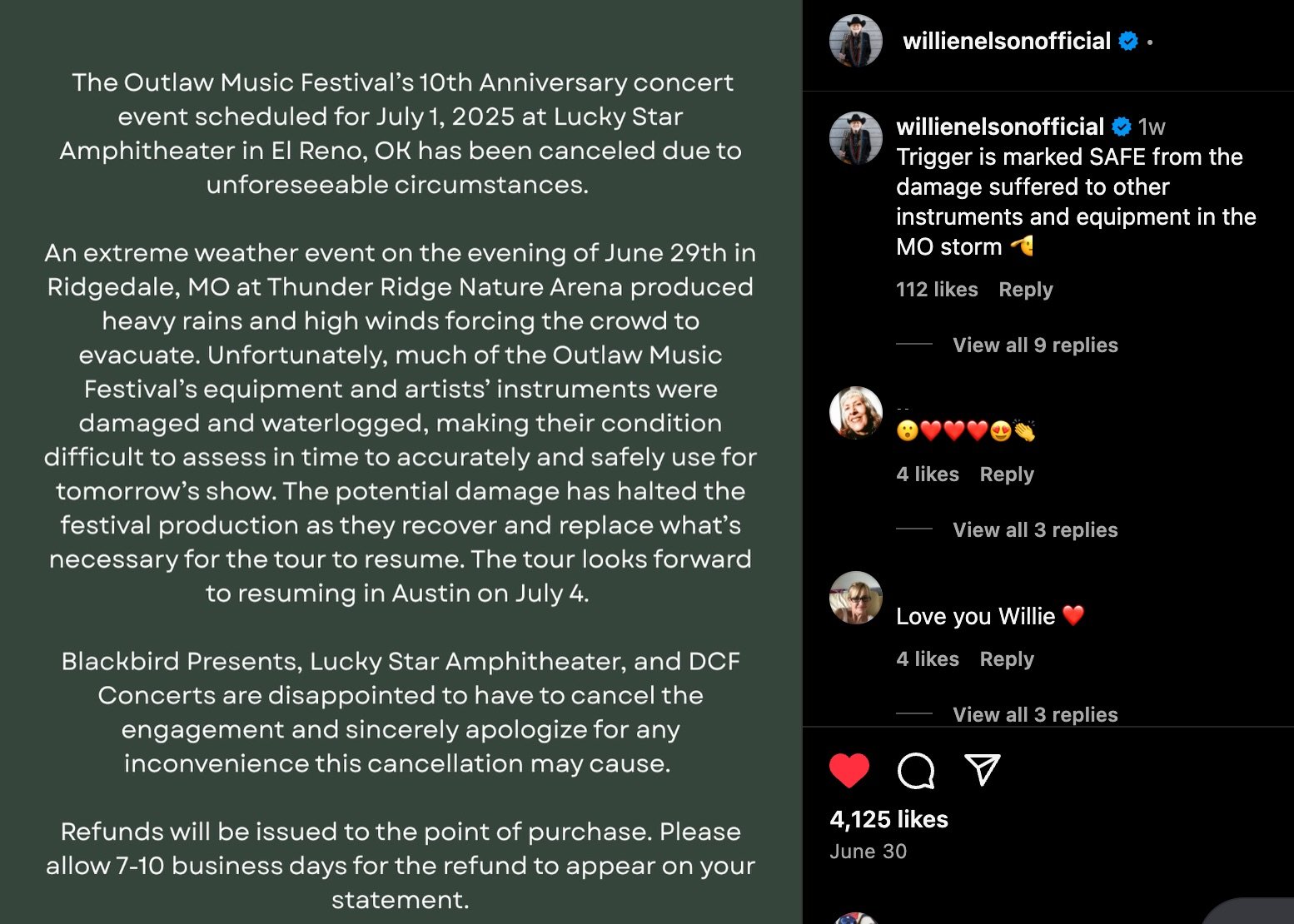 Willie Nelson's Outlaw Music Festival cancels July 1st concert due to "unforeseen circumstances"