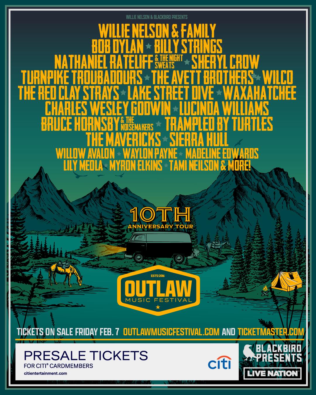 The official poster for Willie Nelson's Outlaw Music Festival 10th anniversary Tour for 2025