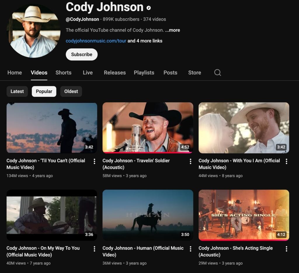 Cody Johnson's most-viewed videos on his official YouTube channel