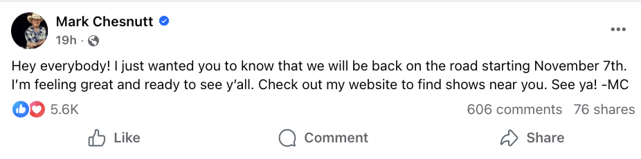 Mark Chestnutt will return to touring after medical emergency