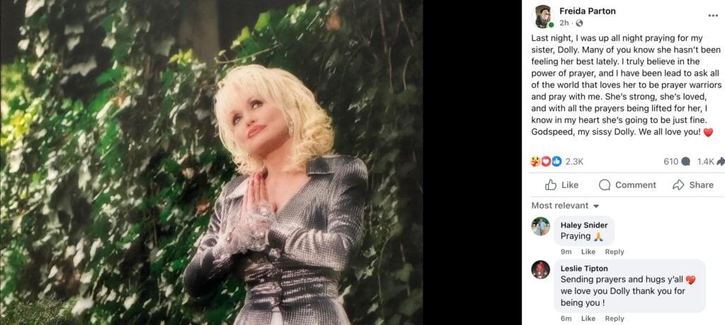 Dolly Parton's sister, Freida, wrote this message asking fans to pray