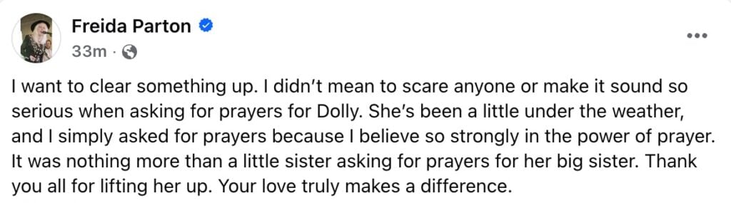 Freida Parton clarifies comments made asking fans to pray for her sister Dolly
