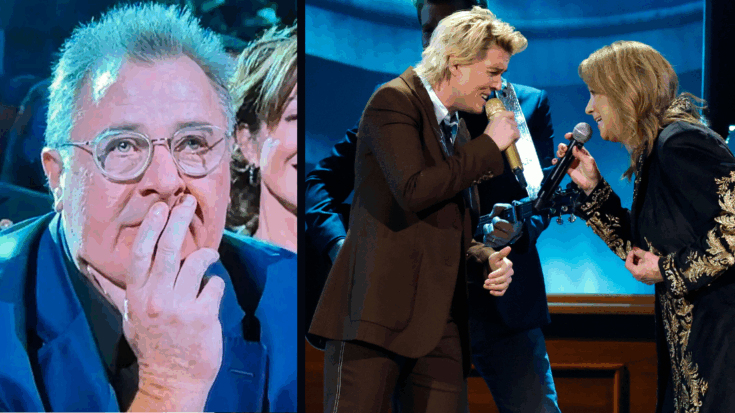 Vince Gill cries as Brandi Carlile and Patty Loveless sing 