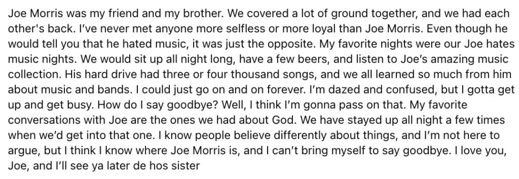 Darryl Worley posts tribute to his friend, Joe Morris, who took his own life. 